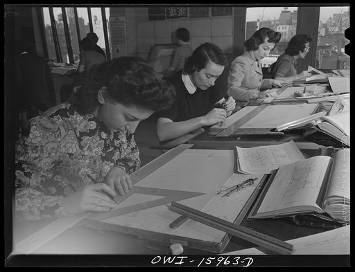 Untitled photo, possibly related to: New York, New York. Industrial training for war work offered to women by New York University under United States government sponsorship. Class in drafting