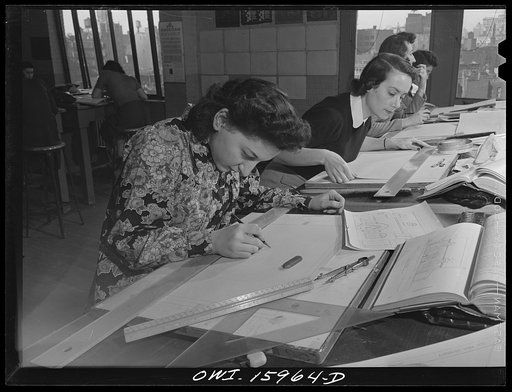 New York, New York. Industrial training for war work offered to women by New York University under United States government sponsorship. Class in drafting