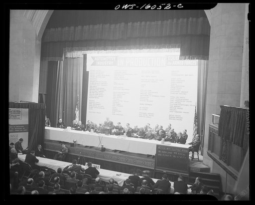 Untitled photo, possibly related to: Detroit, Michigan. Roster of speakers and well-known automobile production men at an early meeting of the Automobile Council for War Production