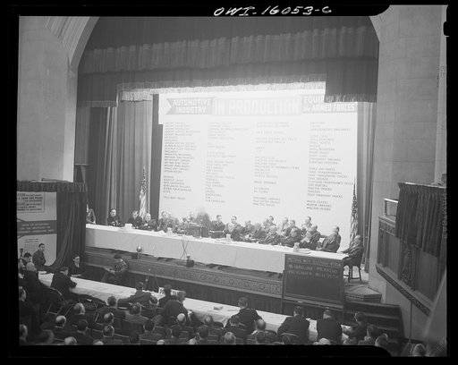 Untitled photo, possibly related to: Detroit, Michigan. Roster of speakers and well-known automobile production men at an early meeting of the Automobile Council for War Production