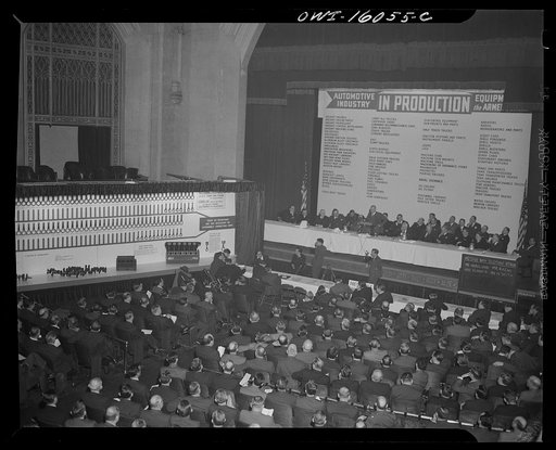 Untitled photo, possibly related to: Detroit, Michigan. Roster of speakers and well-known automobile production men at an early meeting of the Automobile Council for War Production