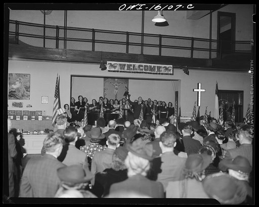 Toledo, Ohio. Evangelical church ceremony at which the preacher delivered a hysterical speech, and then burned a copy of Hitler's Mein Kampf. Interior of the church