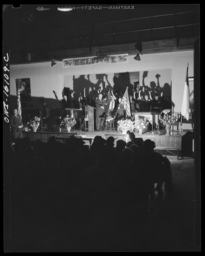 Untitled photo, possibly related to: Toledo, Ohio. Evangelical church ceremony at which the preacher delivered a hysterical speech, and then burned a copy of Hitler's Mein Kampf. Interior of the church