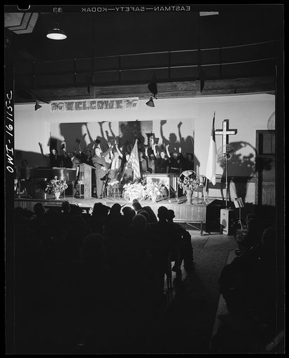 Untitled photo, possibly related to: Toledo, Ohio. Evangelical church ceremony at which the preacher delivered a hysterical speech, and then burned a copy of Hitler's Mein Kampf. Interior of the church