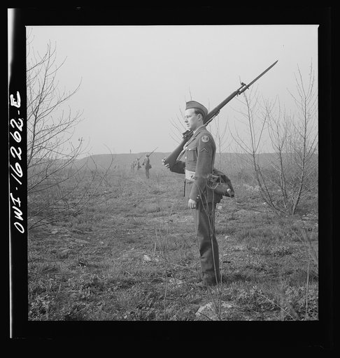 Detroit, Michigan. Riot at the Sojourner Truth homes, a new U.S. federal housing project, caused by white neighbors' attempt to prevent Negro tenants from moving in. Line of soldiers on guard near the Sojourner Truth property