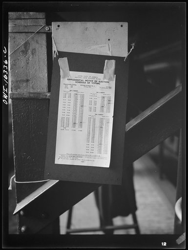 Dearborn, Michigan. National Labor Relations Board election for union representation at the River Rouge Ford plant. NLRB schedule of voting showing the time and place each shift will vote
