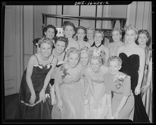 Detroit, Michigan. Group of models with elaborate coiffures at a hair styling show