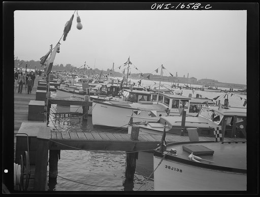 Untitled photo, possibly related to: Detroit, Michigan. A Venetian night party at the Detroit yacht club, whose members represent the wealthier class of manufacturers and their friends. Boats tied up at the club