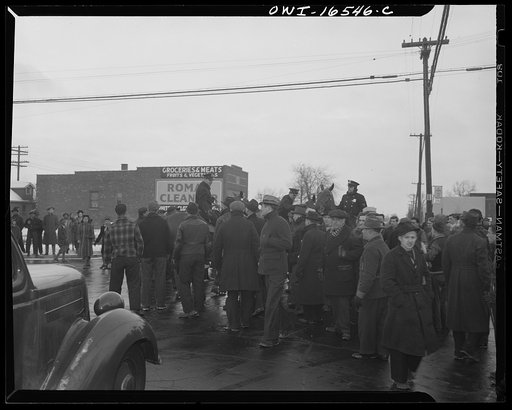 Untitled photo, possibly related to: Detroit, Michigan. Riot at the Sojourner Truth homes, a new U.S. federal housing project, caused by white neighbors' attempt to prevent Negro tenants from moving in. Mounted police