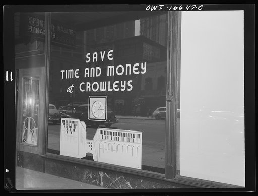 Detroit, Michigan. Sign in the window of the Crowley-Milner department store