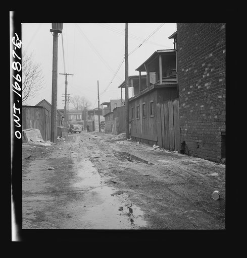 Detroit, Michigan. Alley in a Negro neighborhood. These are conditions under which families originally lived before moving to the Sojourner Truth housing project