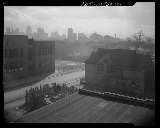 Detroit, Michigan. Looking towards downtown from the slum area in the early morning. These are conditions under which families originally lived before moving to the Sojourner Truth housing project