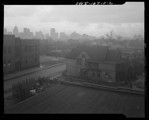 Untitled photo, possibly related to: Detroit, Michigan. Looking towards downtown from the slum area in the early morning. These are conditions under which families originally lived before moving to the Sojourner Truth housing project