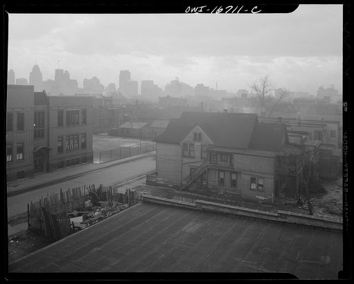 Detroit, Michigan. Looking towards downtown from the slum area. These are conditions under which families originally lived before moving to the Sojourner Truth housing project