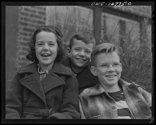 Royal Oak, Michigan. Portrait of three children in the neighborhood of Father Coughlin's Shrine of the Little Flower