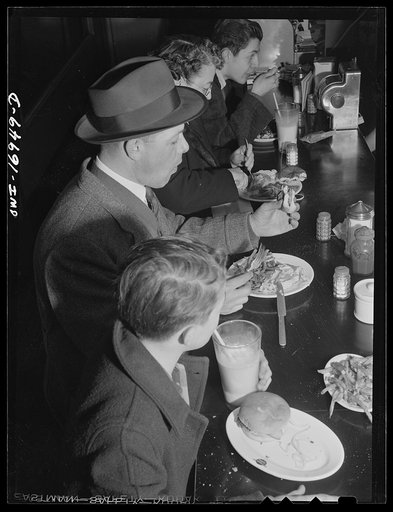 Blue Island, Illinois. After a movie, the Senise family drops in at a lunch counter for hamburgers