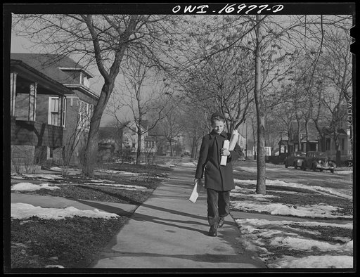 Untitled photo, possibly related to: Blue Island, Illinois. Bobby Senise has a paper route which nets him some spending money and helps to fill his war stamp book