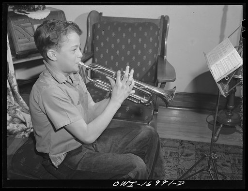 Blue Island, Illinois. Bobby Senise takes cornet lessons and plays in the school band