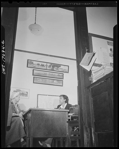 Daytona Beach, Florida. Bethune-Cookman College. Mrs. Mitchell, administrative head of the college, talking to a woman who is interested in the school