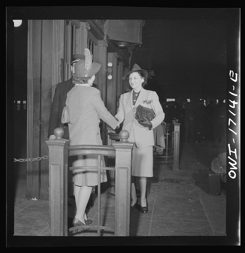 Wahington, D.C. Mrs. St. Ayr greeting a new girl employee of the U.S. government at the station