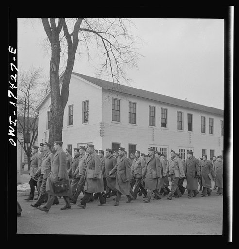 Carlisle, Pennsylvania. U.S. Army medical field service school. Army doctors walking to classes after lunch. These doctors are taken from civilian life for a five-week course in how the Army, and particularly the medical corps, functions before going into active service. Their ranks range from first