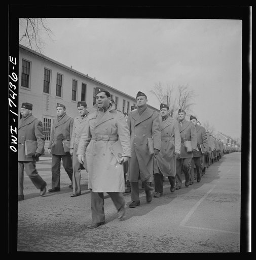 Untitled photo, possibly related to: Carlisle, Pennsylvania. U.S. Army medical field service school. Army doctors walking to classes after lunch. These doctors are taken from civilian life for a five-week course in how the Army, and particularly the Medical corps, functions before going into active 