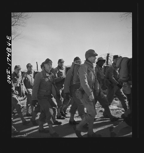 Untitled photo, possibly related to: Carlisle, Pennsylvania. U.S. Army medical field service school. Officer candidates who are learning to be medical administrative officers on a road march, carrying full packs