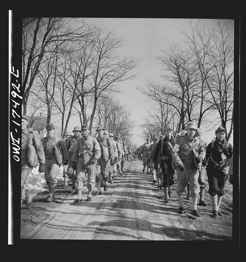Carlisle, Pennsylvania. U.S. Army medical field service school. Officer candidates on a road march with full packs