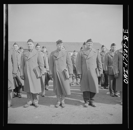 Untitled photo, possibly related to: Carlisle, Pennsylvania. U.S. Army medical field service school. Army doctors lined up to march to classes after a drill