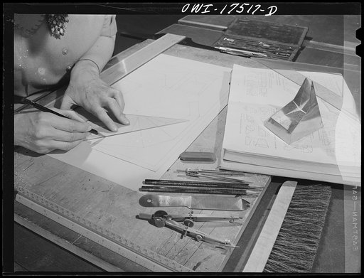 New York, New York. Industrial training for women. Practice in mechanical drawing of irregular shaped objects using T-square, triangle
