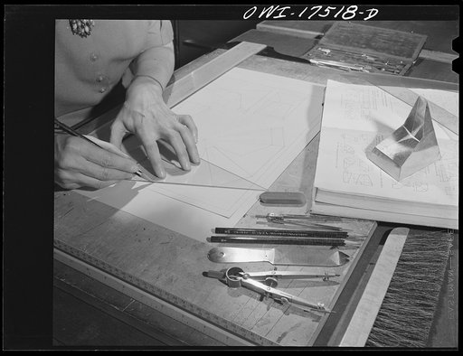 Untitled photo, possibly related to: New York, New York. Industrial training for women. Practice in mechanical drawing of irregular shaped objects using T-square, triangle