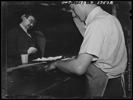 Untitled photo, possibly related to: New York, New York. Girolamo Valente, Italian-American newspaper editor correcting proof of La Parola, his progressive weekly newspaper