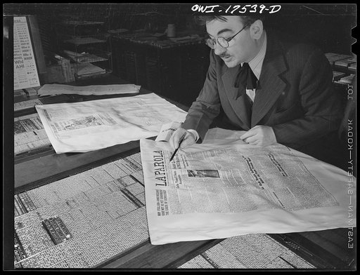 New York, New York. Girolamo Valente, Italian-American newspaper editor correcting proof of La Parola, his progressive weekly newspaper
