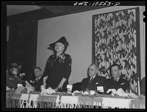 Minneapolis, Minnesota. Sister Kenny of the Elizabeth Kenny Institute addressing a meeting of an American Legion post on infantile paralysis and her contribution towards a new conception of the disease and its treatment, Sitting on the right is Sergeant J. Rutherford, of the Australian Air Force, a 