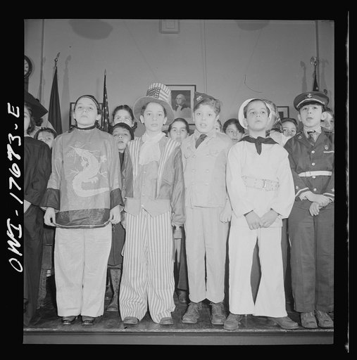 Untitled photo, possibly related to: New York, New York finale in a play on America at war, given by students of public school eight in an Italian-American district. Left to right: Uncle Sam, soldier, sailor, Chinese soldier, farmer, housewife