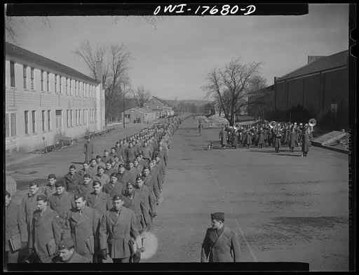 Carlisle, Pennsylvania. Medical field service training school. U.S. Army doctors marching to afternoon classes to the music of a band druing their five-week course
