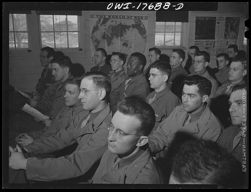 Untitled photo, possibly related to: Carlisle, Pennsylvania. Medical field service school. Officer candidates listening to a lecture on how the Army works during their five-week course. They are learning to become medical administrative officers and will assume the administrative duties of the medic