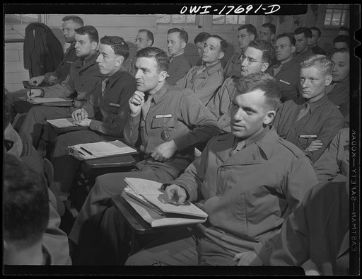 Carlisle, Pennsylvania. Medical field service school. Officer candidates listening to a lecture on how the Army works during their five-week course. They are learning to become medical administrative officers and will assume the administrative duties of the medical corps leaving the doctors free to 