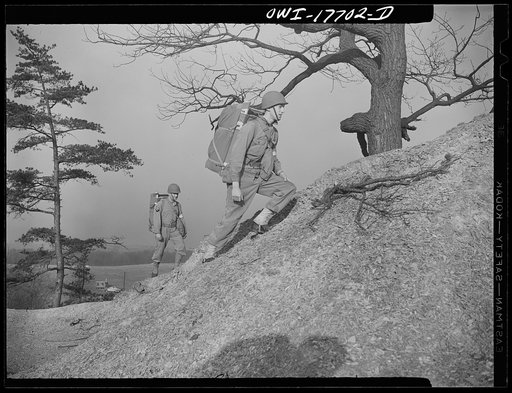 Carlisle, Pennsylvania. United States Army medical field service school. Supplies for an infantry battalion aid station near the front sometimes are carried in "Yukon packs" on the backs of medical corpsmen; each weighs about forty-five pounds