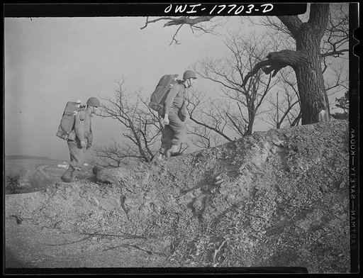 Untitled photo, possibly related to: Carlisle, Pennsylvania. United States Army medical field service school. Supplies for an infantry battalion aid station near the front sometimes are carried in "Yukon packs" on the backs of medical corpsmen; each weighs about forty-five pounds