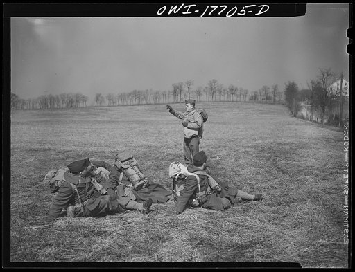 Carlisle, Pennsylvania. Medical field service training school. During a practice road march, United States Army doctors had a surprise "flour bombing" and dispersed to the side of the road. The commanding officer is telling them they should have separated and taken shelter singly rather than huddled