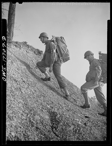 Carlisle, Pennsylvania. United States Army medical field service school. Supplies for an infantry battalion aid station near the front sometimes are carried in "Yukon packs" on the backs of medical corpsmen; each weighs about forty-five pounds