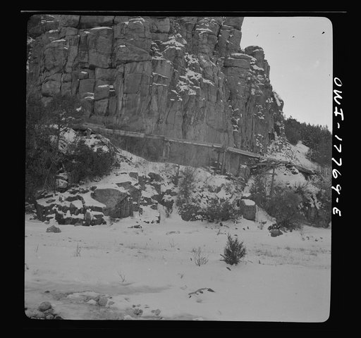 Trampas, Taos County, New Mexico. A Spanish-American village in the foothills of the Sangre de Cristo Mountains. Ditches and hand-hewn flumes carry the mountain water out over the valley for irrigation
