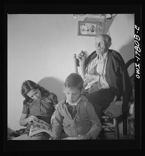 Trampas, New Mexico. Grandfather Romero, a member of the family of Juan Lopez, the majordomo (mayor) [i.e., steward], is ninety-nine years old. He has seen the old world change to the new