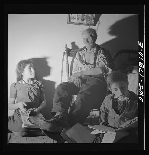 Untitled photo, possibly related to: Trampas, New Mexico. Grandfather Romero, a member of the family of Juan Lopez, the majordomo (mayor) [i.e., steward], is ninety-nine years old. He has seen the old world change to the new