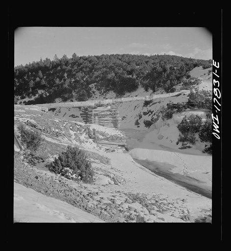 Trampas, Taos County, New Mexico. A Spanish-American village in the foothills of the Sangre de Cristo Mountains. Ditches and hand-hewn flumes carry the mountain water out over the valley for irrigation