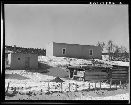 Trampas, New Mexico. The home of Juan Lopez, the majordomo (mayor) [i.e., steward], consists of four rooms, a small orchard, a storehouse and corrals where the wagon is stored and the cows and horses given shelter from the winter blizzards