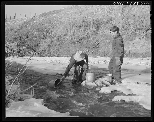 Trampas, New Mexico. Water being drawn from the river, a quarter of a mile away, for use in the household of Juan Lopez, majordomo (mayor) [i.e., steward