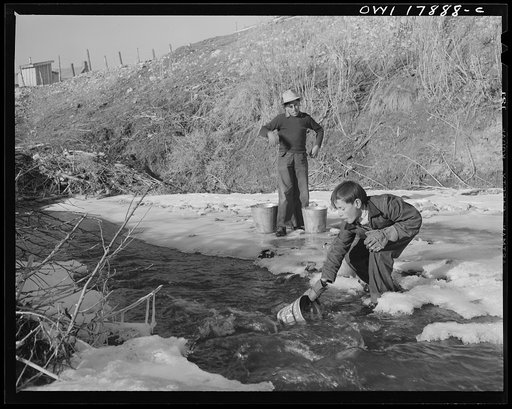 Untitled photo, possibly related to: Trampas, New Mexico. Water being drawn from the river, a quarter of a mile away, for use in the household of Juan Lopez, majordomo (mayor) [i.e., steward