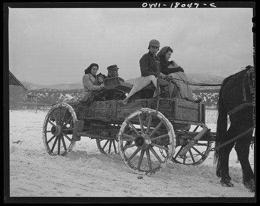 Penasco, New Mexico. Wagons are the only form of transportation for most of the Spanish-Americans who are served by the Taos County cooperative health association. This family has driven through a snowstorm to bring a sick baby to the clinic